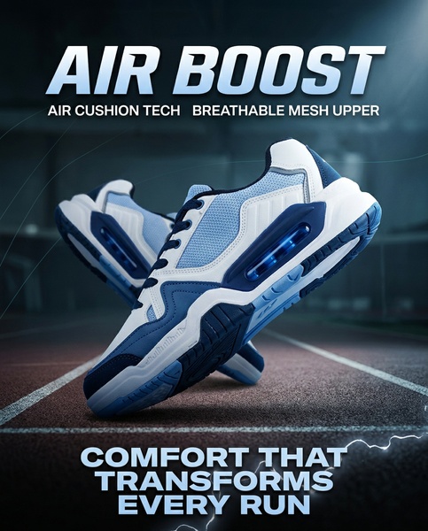 running shoes, athletic shoes, sneakers, sports shoes, training shoes, air cushion shoes, product launch, brand awareness, modern typography, energetic, bold, blue, neutral